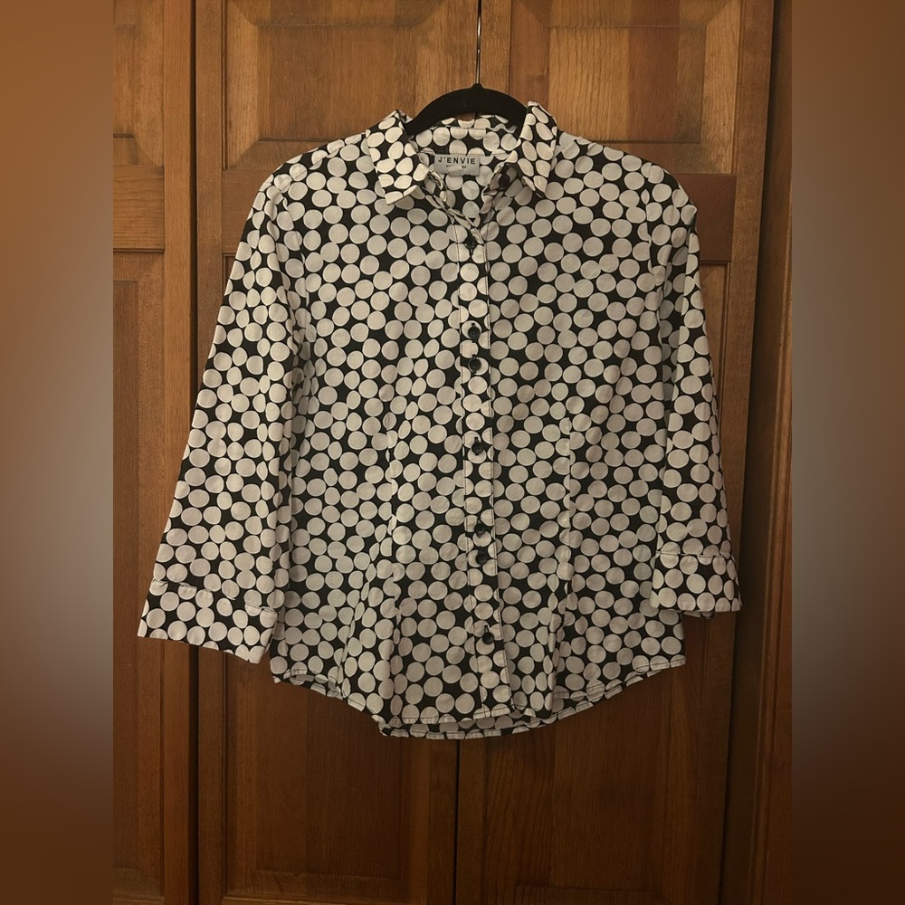 J'Envie Women's 10 Blue/Black White Cotton Circle Patterned Top W/ 3/4 Sleeves